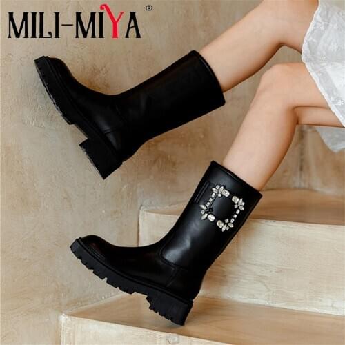 MILI-MIYA Brand Design Slip-On Crystal Women Mid-Calf Cow Leather Boots Round Toe Square Heels Solid Color Fashion Shoe Handmade