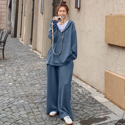 Two Piece Set Women Fashion Hoodie Sweatshirts High Waist Wide Leg Pants Sweat Suits Female Korean Casual Loose 2 Piece Outfits