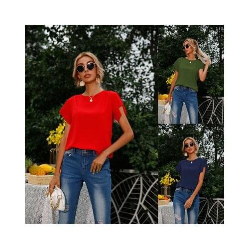 Womens Fashion Harajuku Pullover Hollow Bowknot Top Ladies' Ruffled O-Neck T-Shirt Thin Summer Short Sleeve Tee Office Clothing