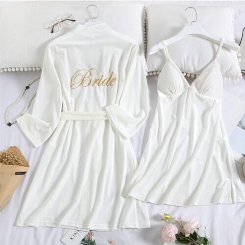 Bride Bridesmaid Wedding Robe Women Velour 2PCS Nighty&Robe Set Sleepwear Velvet Embroidery Kimono Gown Intimate Lingerie
