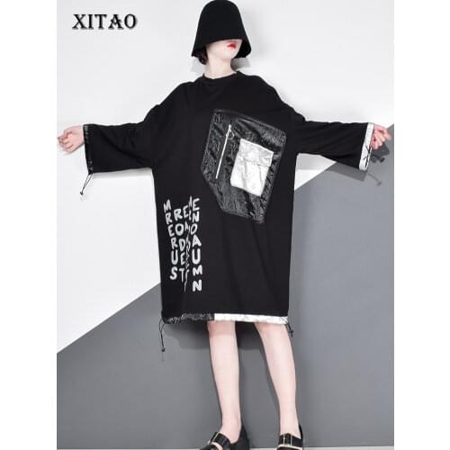 XITAO Letter Patchwork Drawstring Casual Dress Women 2020 Autumn Trend Fashion New O Neck Collar Long Sleeve Pullover ZP3270