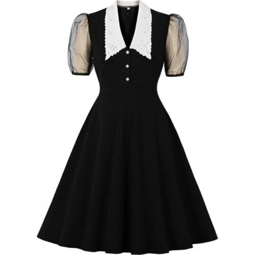 Summer Autumn Women Vintage Dress Patchwork V-Neck Short Sleeve Pin Up Vestidos Button Fly Evening Party Rockabilly Retro Dress