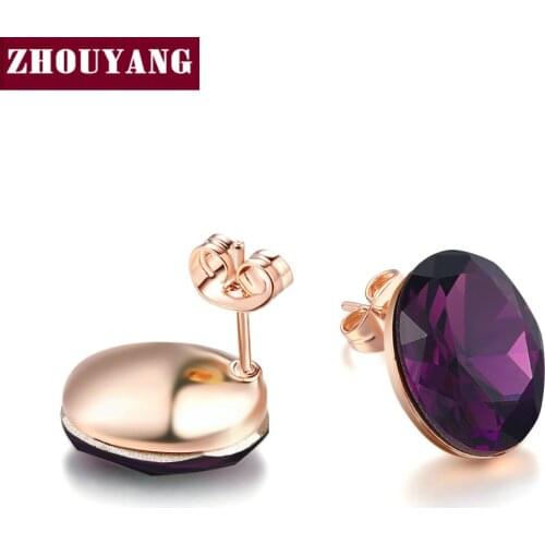 ZHOUYANG Stud Earring For Women Purple Olive Austrian Crystal Rose Gold Color Wedding Party Birthday Gift Fashion Jewelry E571