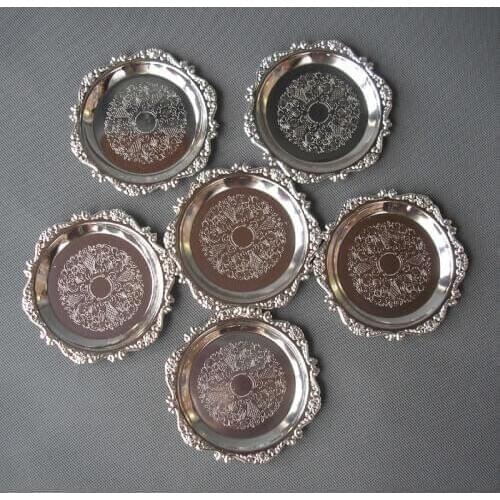 10cm rare zinc alloy metal round coffee/tea cup coaster pad dessert plate dish mat tableware engraving embossed silver gold 339