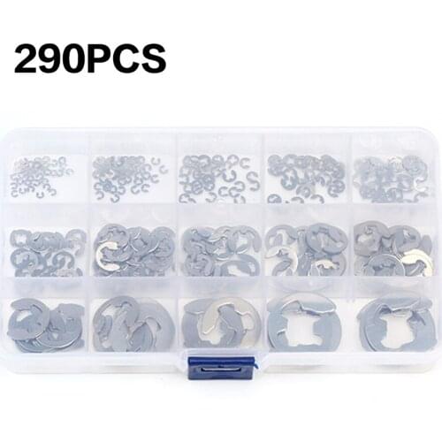 290pcs/set E clip circlip washer assortment kit 304 stainless steel 1.2-15 mm external retaining ring clip for pulleys shaft