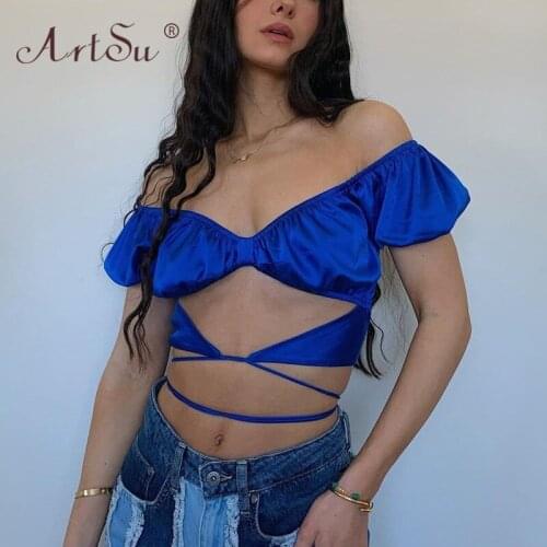 ArtSu Summer Y2K Off Shoulder Satin Crop Tops Women Sexy Cut Out Deep V Neck Bandage Blue T-Shirts 2021 Club Party Tops Tees