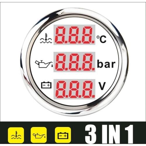 Auto 52mm Water Temp Meter Voltage Oil Pressure 3 in 1 Gauge With Red Backlight For Car Boat Marine Yachts Digital Gauges