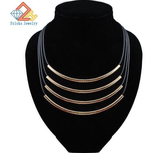 Black Leather Necklace Elegant Fashion Multilayer Choker Rope Necklace for Men and Women