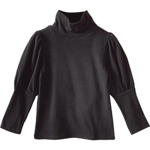 Kids Girl Turtleneck T-shirt Solid Color Casual High Neck Long Bubble Sleeves Basic Tops for Spring Fall Winter Children Toddler