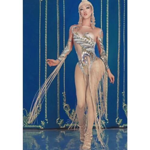 DS DJ Fashion Women Gold Fringes Costume Leotard female singer DJ Nightclub show Tassel Bodysuit Stage Performance Outfit