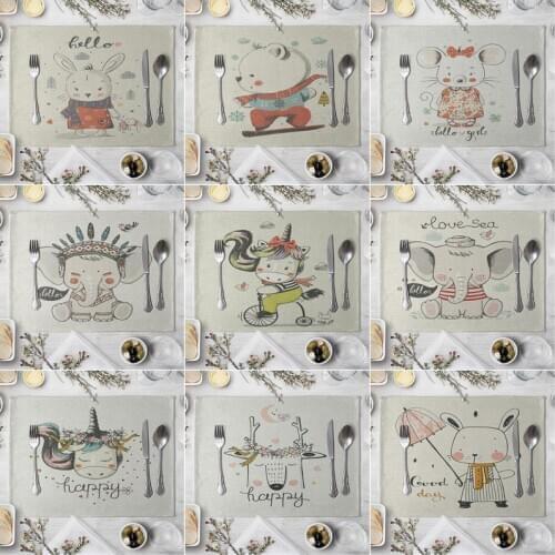 Cartoon Animal Pattern Kitchen Placemat Dining Table Mat Elk Elephant Bear Tea Coaster Cotton Linen Pad Bowl Cup Mats Home Decor
