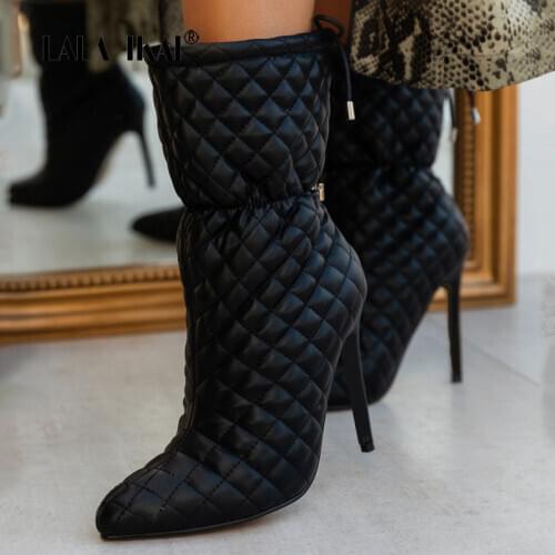 LALA IKAI Boots Women 2020 Autumn Winter Sewing Thread Ankle Boots High Heels Lace-up Short Booties Fashion botas mujer C10540-1