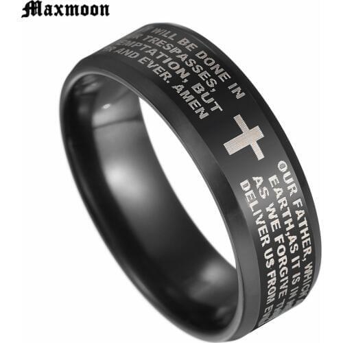Maxmoon Black Titanium Steel English Letter Lords Prayer Ring Serenity Mens Bible Cross Rings For Women Jesus Jewelry