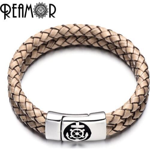 REAMOR Vintage Genuine Leather Bracelet for Men Women 316l Stainless Steel Magnetic Clasp Anchor Bracelets Bangles Men Jewelry