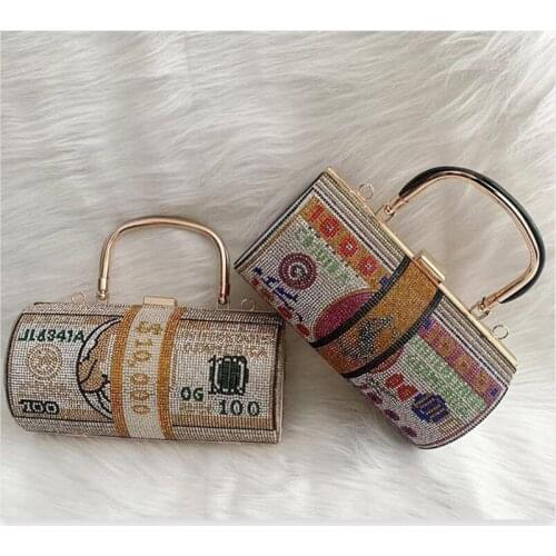 NEW 2021 Rhinestone Money Clutch purse Dollar painting Crystal Diamond Evening bags women Round Luxury designer Party Handbag