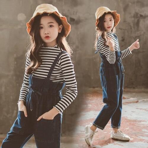2021 New Spring Childrens Set Girls Striped Tops + Overalls Casual 2 pcs Casual Sets Autumn Teen Kids Denim Clothes Tracksuit