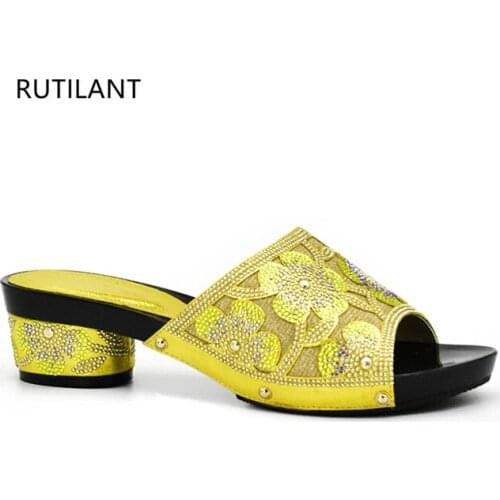Latest Yellow African Wedding Shoes Woman Open Toe Ladies Sandals Shoes Party Wedding Shoes Decorated with Rhinestone Party Shoe