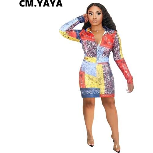 CM.YAYA Autumn Paisley Bandanna Print Women Long Sleeve Mini Bodycon Dress Streetwear Zipper up Turn-down Neck Midi Dresses
