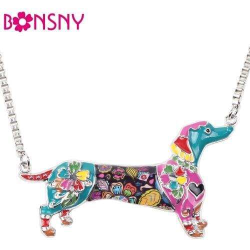 Bonsny Statement Metal Alloy Enamel Dachshund Dog Choker Necklace Chain Collar Pendant Fashion New Animal Jewelry For Women