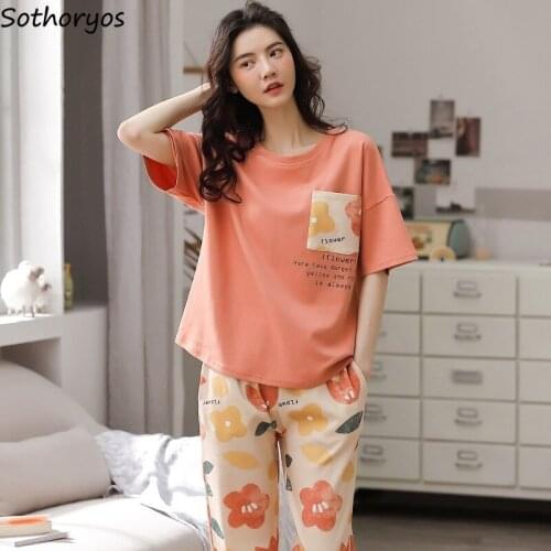 Pajama Sets Women Print Soft Short Sleeve Summer Two Piece Set for Female Loose Chic Korean Fashion Simple Sweet Sleeping Wear