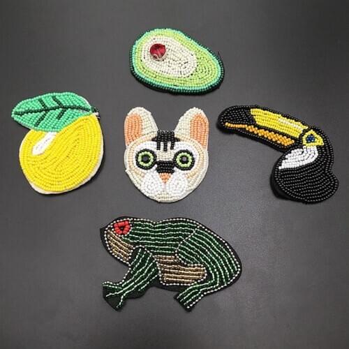 Handmade Rhinestone Beaded Patches Animals Fox Dog Avocado Sew on Crystal Pearl Patch for Clothing Beading Applique Cute Patch