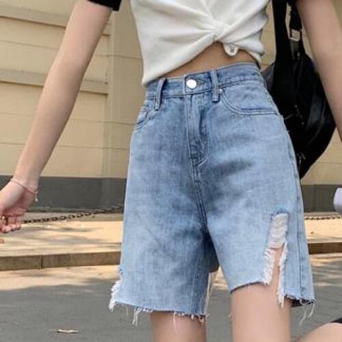 Casual Jean Shorts Women Summer Blue High Waisted Vintage Hole Loose Denim Shorts Korean Boyfriend Style Biker Shorts Female