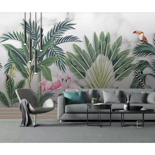 Nordic modern simple hand-painted tropical rain forest flamingo hd background wall decoration
