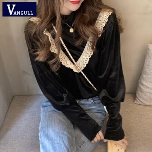 Vangull Lace Ruffle Patchwork Women Velour Blouse Vintage Long Sleeve Half High Collar Shirt 2020 Autumn Winter Basic Blouse