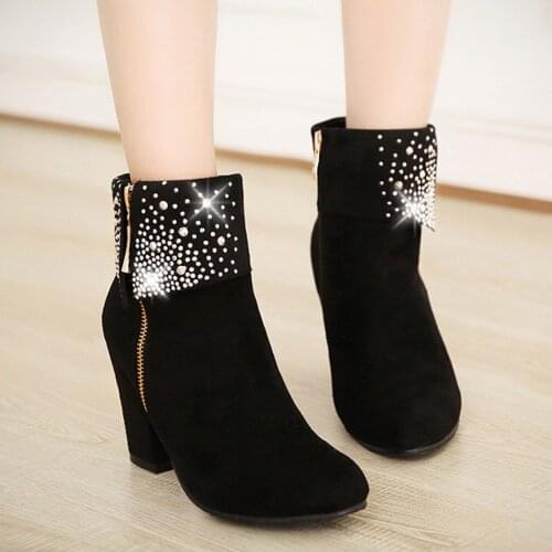 Women Square Heel Round Toe Rhinestone High Heel Side Zipper Short Boots Autumn Winter Elegant Women Warm Boots Botas De Mujer