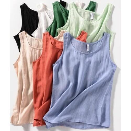 Women Summer New Fashion Cotton Linen Loose Tops Vest Sleeveless O-neck Solid Beach Tops Tanks Casual Shirt