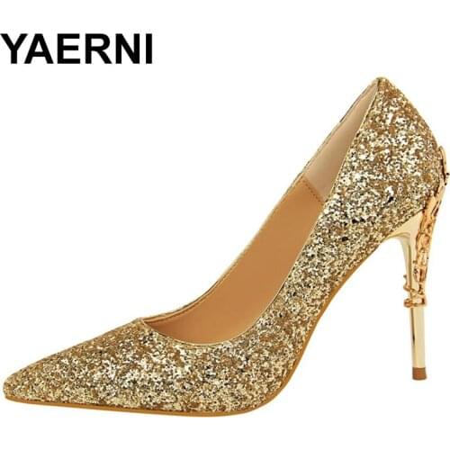 YAERNI Fall Women 9.5cm Extreme High Heel Fashion Pumps Bling Sequin Elegant Fetish Escarpins Lady Sexy Prom Wedding Dress Shoes