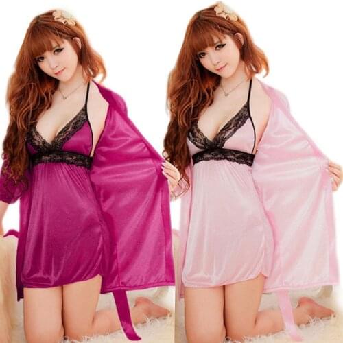 Ladies Sexy Bathrobe Harness Sexy Lingerie Nightwear Imitation Ice Silk Women Sleep Dress with Long Sleeves Shawl