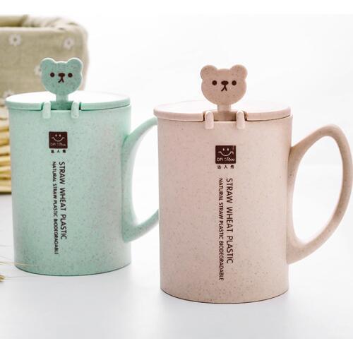 1Pc Cartoon Bear Kids Mugs with Lid Children Infant Baby Milk Cup with Handle Spoon Wheat Straw Breakfast Mug Drink Coffee Cup