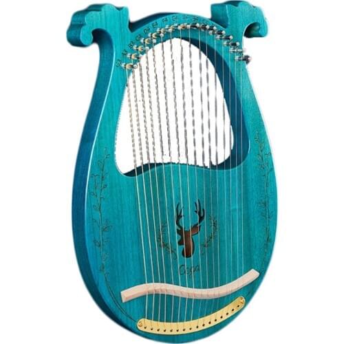 16-String Harp Portable Mahogany Harp Veneer Deer Pattern Box Piano with Instructions Strings Picks Tuning Lever for Beginner