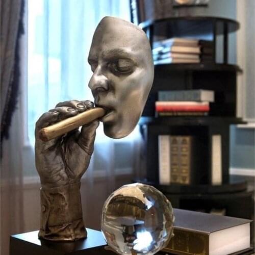 Retro Meditators Abstract Sculpture Man Smoking Cigar Creative Face Statue Character Resin Figurine Artwork Home Decorations