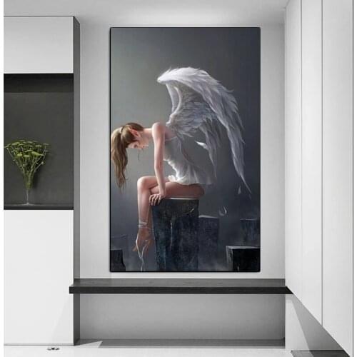 White Angel Girl with White Wings Canvas Painting Poster Print Mural Creative Pop Wall Art Modern Picture Living Room Home Decor