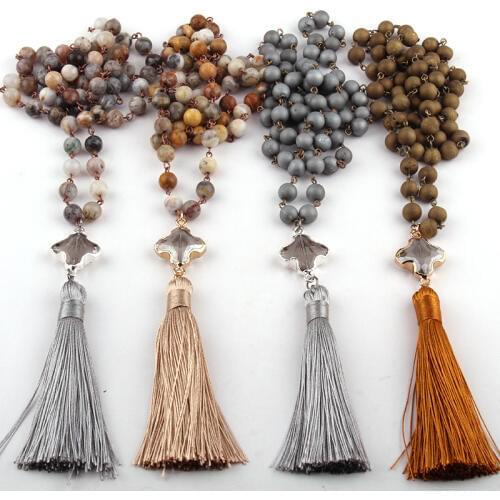 Free Shipping Fashion Bohemian Jewelry Natural Druzy Beads Rosary Chain Dia Plum Blossom Crystal Tassel Necklaces