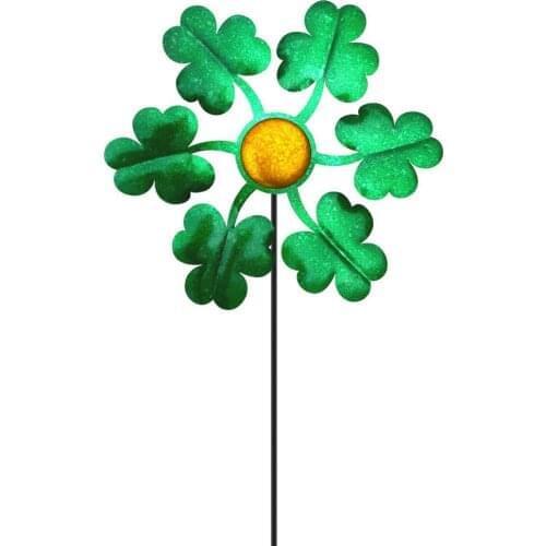 Outdoor Metal Clover Wind Spinner Wrought Iron Clover Leaf Shaped Lawn Windmill Garden Decor Yard Lawn