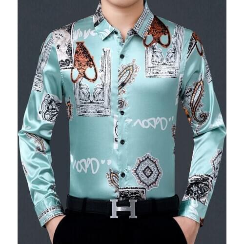 Man Silk Shirts Long Sleeve Fashion Printing Poplin Dresses Male Casual Satin Floral Clothes