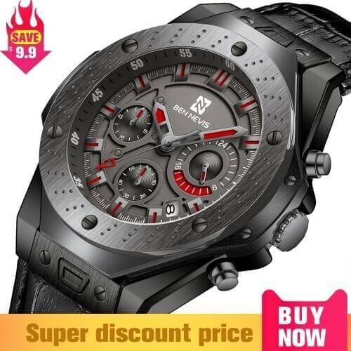 BEN NEVIS Racing Sports Big Men Watches Multi Functional 3 Sub Dial Chronograph Calendar Leather Band Clocks Relógio Masculino