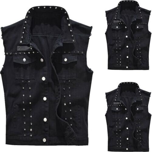 Men Black Punk Denim Vest Male Sleeveless Jean Jackets with Rivets Slim Tops