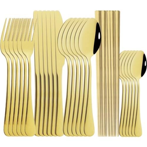 30Pcs Gold Dinnerware Cutlery Set Mirror Stainless Steel Tableware Set Dinner Knife Fork Spoon with Chopsticks Flatware Set