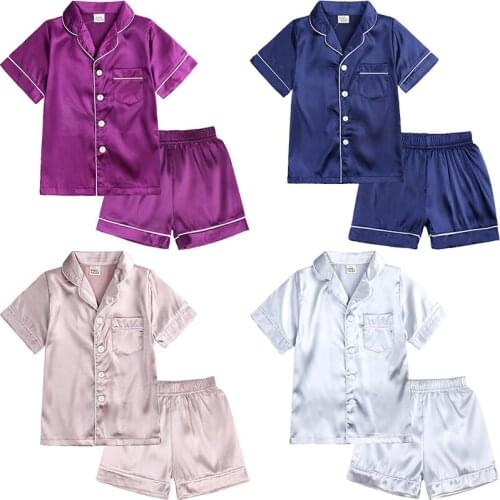 2021 New Summer Children Clothes Pajama Set Stain Silk Soft Solid Color Comfortable Kids Girls Boys Pajamas Sleepwear Suit
