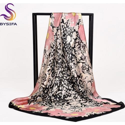 [BYSIFA] Women Silk Scarf Shawl New Floral Design Black Pink Large Square Scarves Wraps Spring Autumn Muslim Head Cape 90*90cm