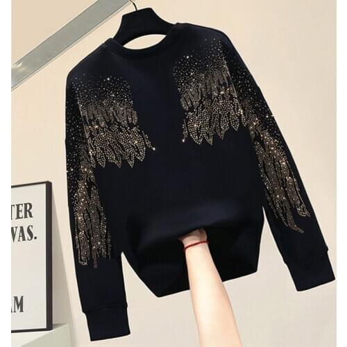 Heavy Industry Casual Hoodies Women Long-Sleeved Rhinestone Sweatshirt for Womens Autumn and Winter Loose Black Hoodie Pullover