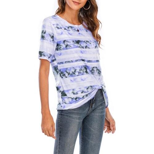 2021 Summer Women Stripe Tie-dye Print Knotted T Shirt Female Casual Loose O Neck Streetwear Tops Ladies T-shirt