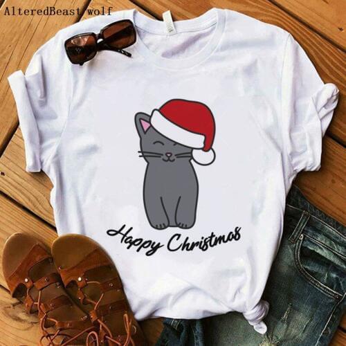 Happy Christmas Cat tshirt women cartoon cat t shirt 2019 fashion cute print women tops shirt harajuku streetwear white clothes