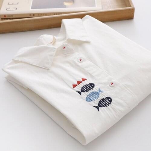 Women Blouses Shirts Tunic Womens Tops 2020 Long Sleeve Clothing Button Up Down White Embroidery Fish Casual New Fashion Autumn