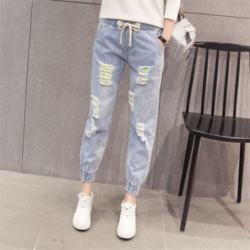 Woman Jeans Elastic Waist Ripped Jeans 2020 Holes Denim Pants Streetwear Casual Loose Fashion Vintage Harem Jeans Pants Y357