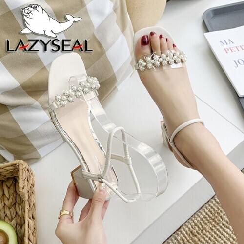 LazySeal 4cm Heel Pearl Women Slides String Bead Summer Cool Dual-use Sandals & Slippers Ladies Square Heels Classics Shoes